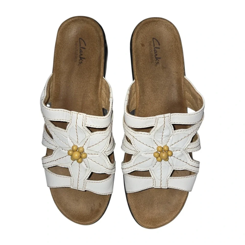 Clarks Lexi Myrtle White Leather Floral Slide Wedge Sandals 65117 Womens 10M
